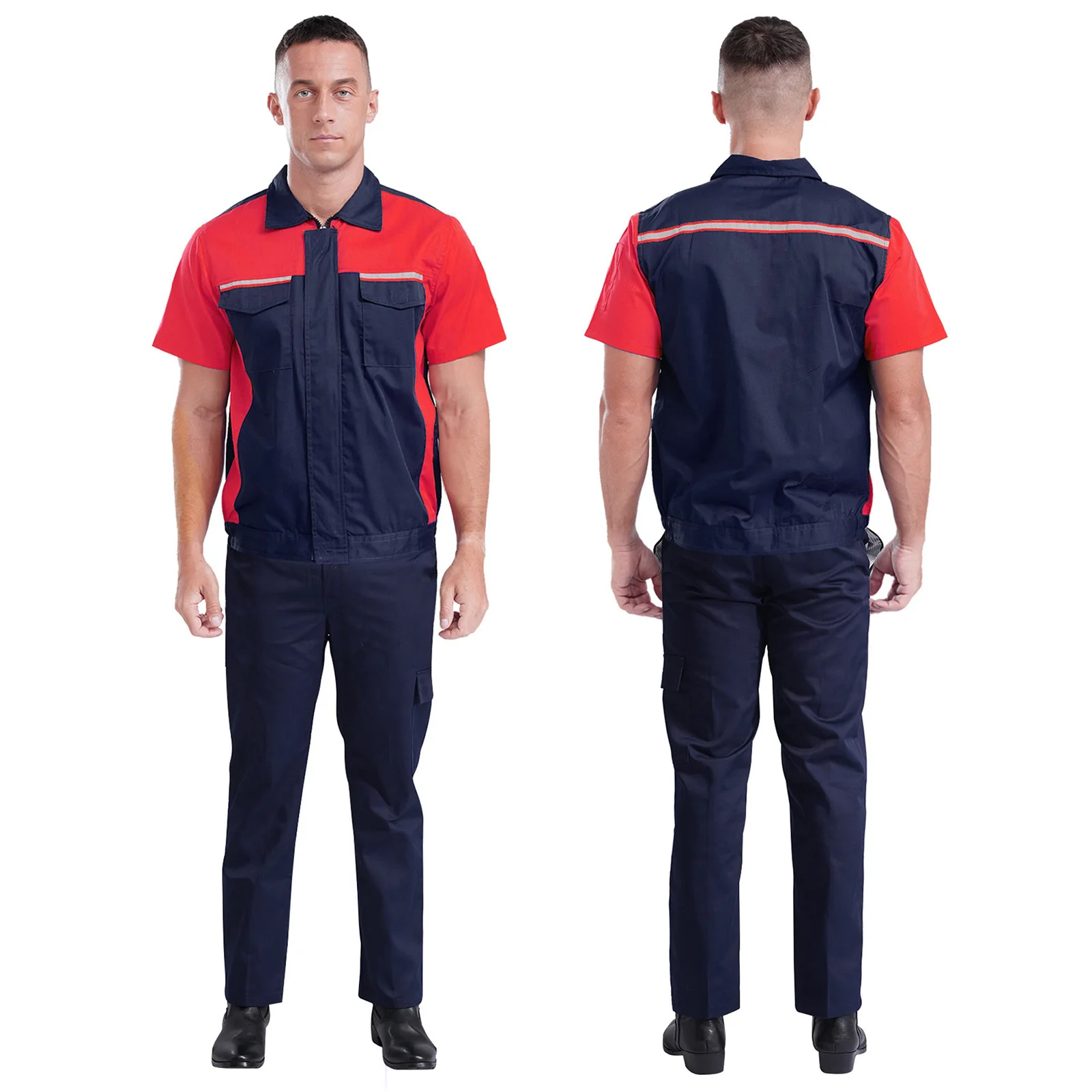 Zweiteiliges Herren-Arbeits-Outfit-Set, kurzärmelige Taschen, reflektierendes Streifen-Oberteil und Hosen mit elastischem Bund, Latzhose, Arbeitsuniformen