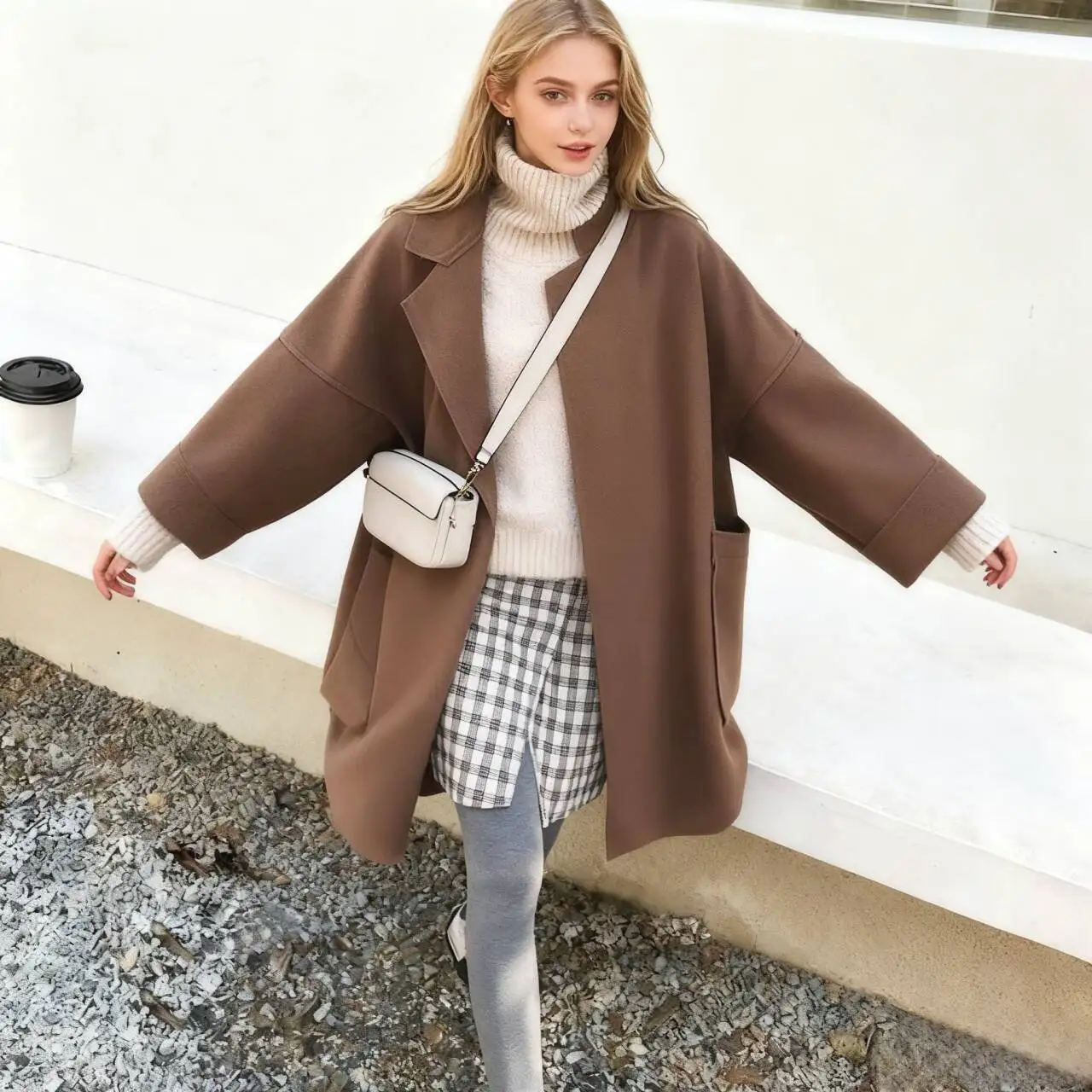 Abrigos de mezcla de lana para mujer, abrigo de lana hecho a mano, color Beige, con forro polar, rejilla desmontable, acanalado, hombros caídos, cintura ajustable, elegante