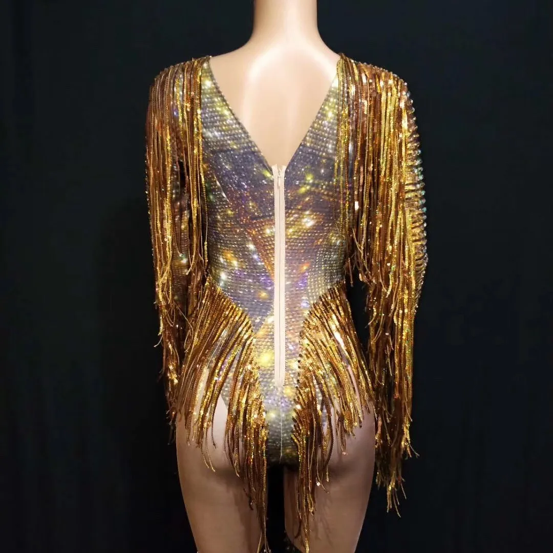 Gold Shining Rhinestones Tassel Long Sleeves Sexy Jumpsuits For Women Fashion Show Model Costume Party Club Clothing Prom Wear