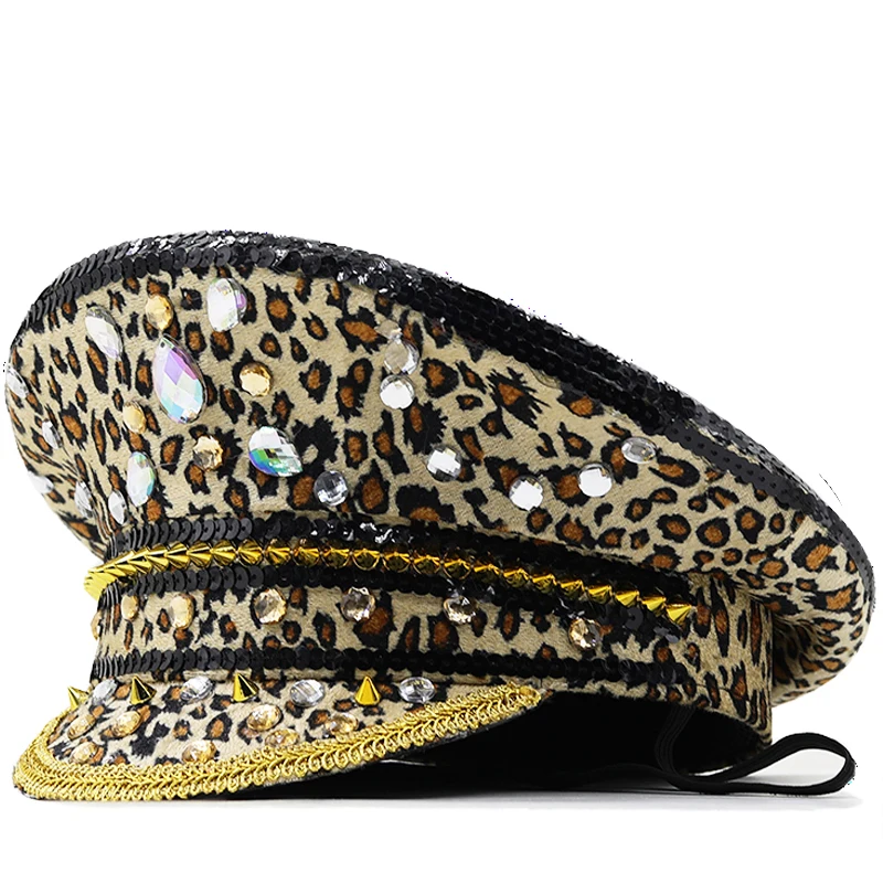 Luxury Women Bride Military Hat Leopard print Sequin Burning Bridal Captain Sergeant Hat Rhinestone Festival Birthday Part Hat