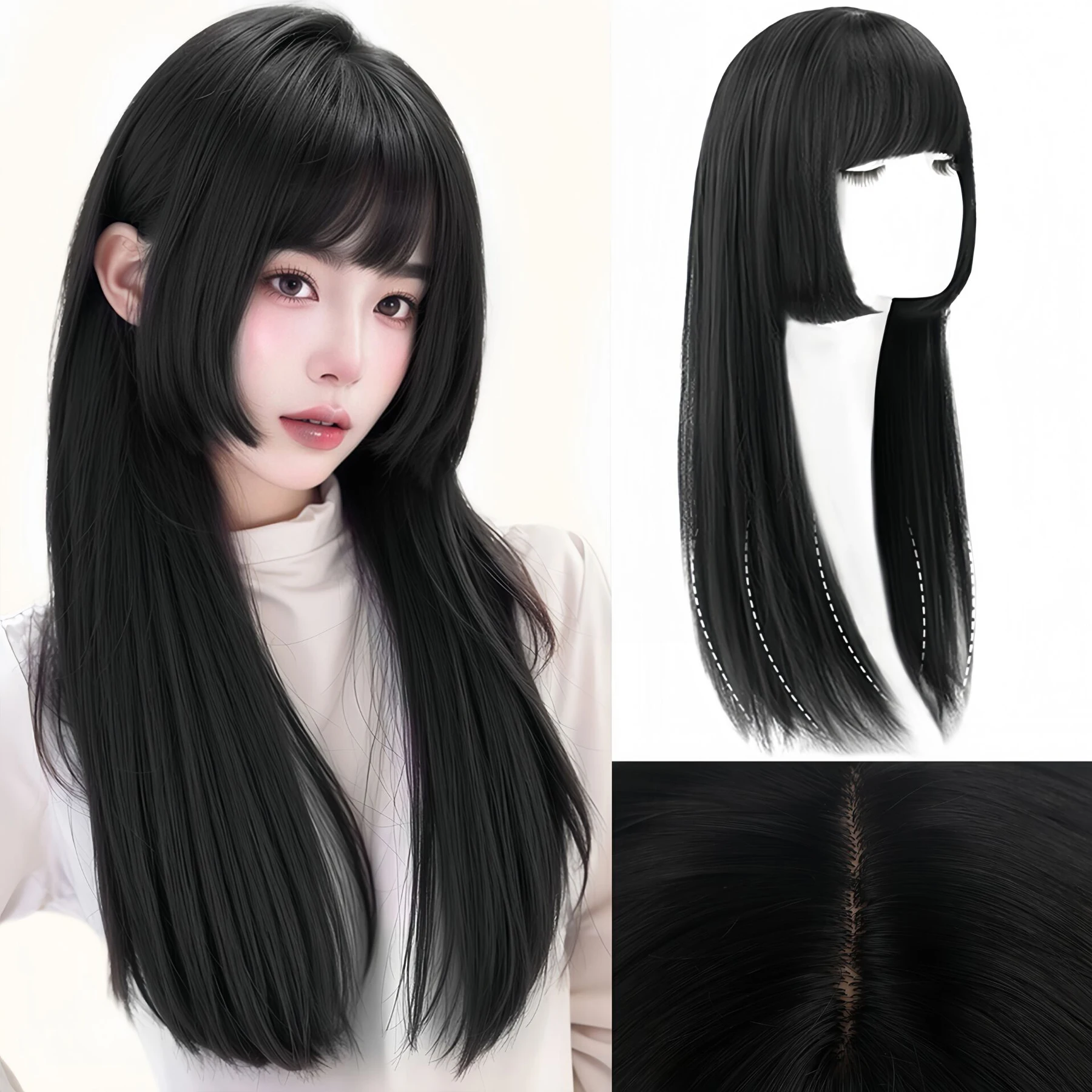 

Natural Long Straight Synthetic Black Wig With Bangs Lolita Cosplay Hair Wigs For Women Heat Resistant Fiber Daily Party Wig Fem
