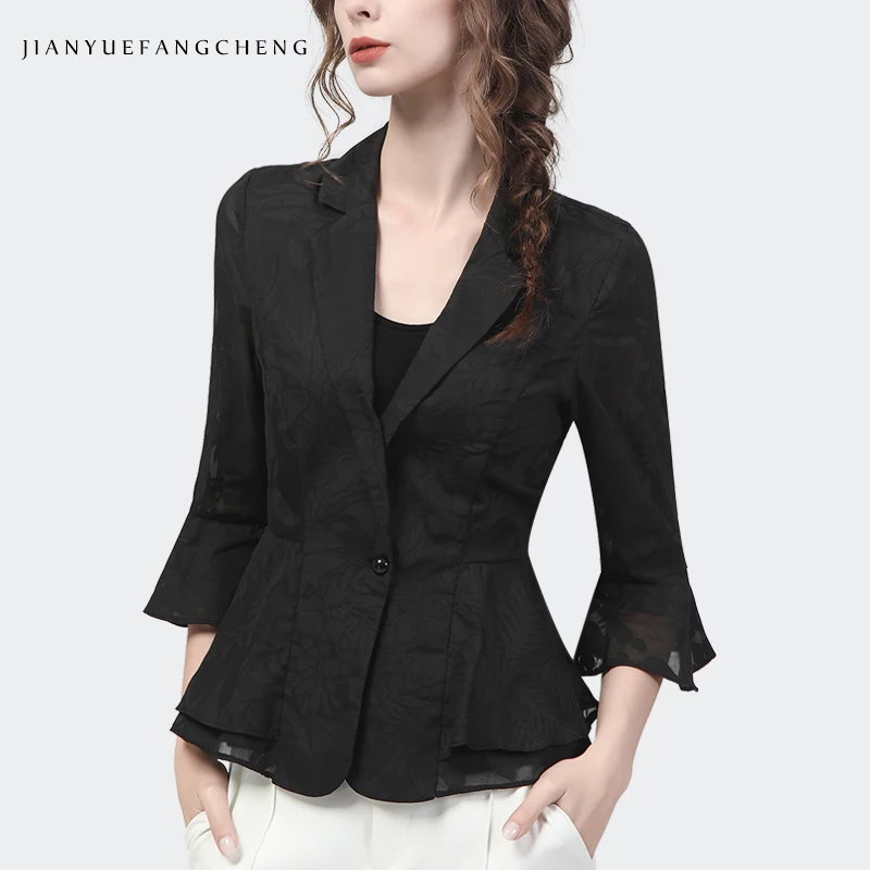 2022 Spring Summer Chiffon Jacquard Women Blazer Elegant Slim Short Thin Coat Single-Button Casual Work Wear Suit Collar Jacket