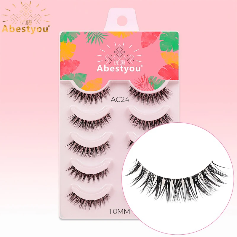 アベストユー 5ペア ショート インビジブル クリアバンド キャットアイ フェイクミンク ラッシュ 5-12mm ナチュラル 薄い 軽い ウィスピー 再利用可能 フルストライプ つけまつげ