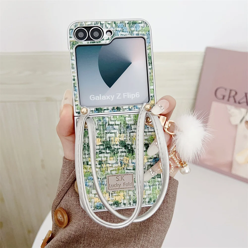 Colorful Woven Pattern Phone Case For Samsung Galaxy Z Flip 4 5 6 5G PC Hard Shell Handheld Rope Protective Back Cover