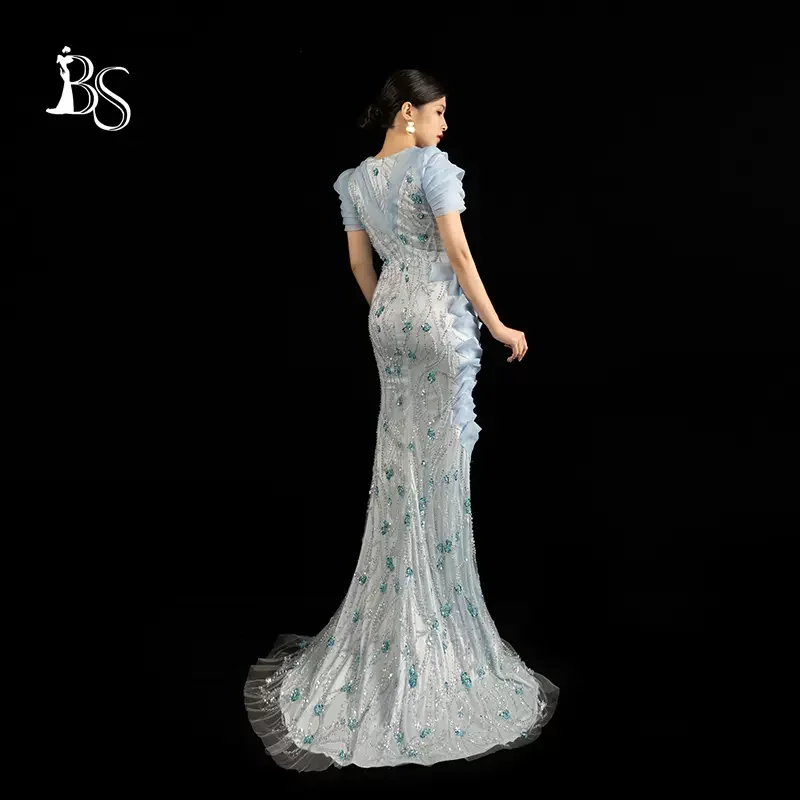 Baisha Heavy Handmade Luxury Evening Dresses Short Sleeve Long Prom Mermaid Gown For Celebrity Fashion Gala Occasions