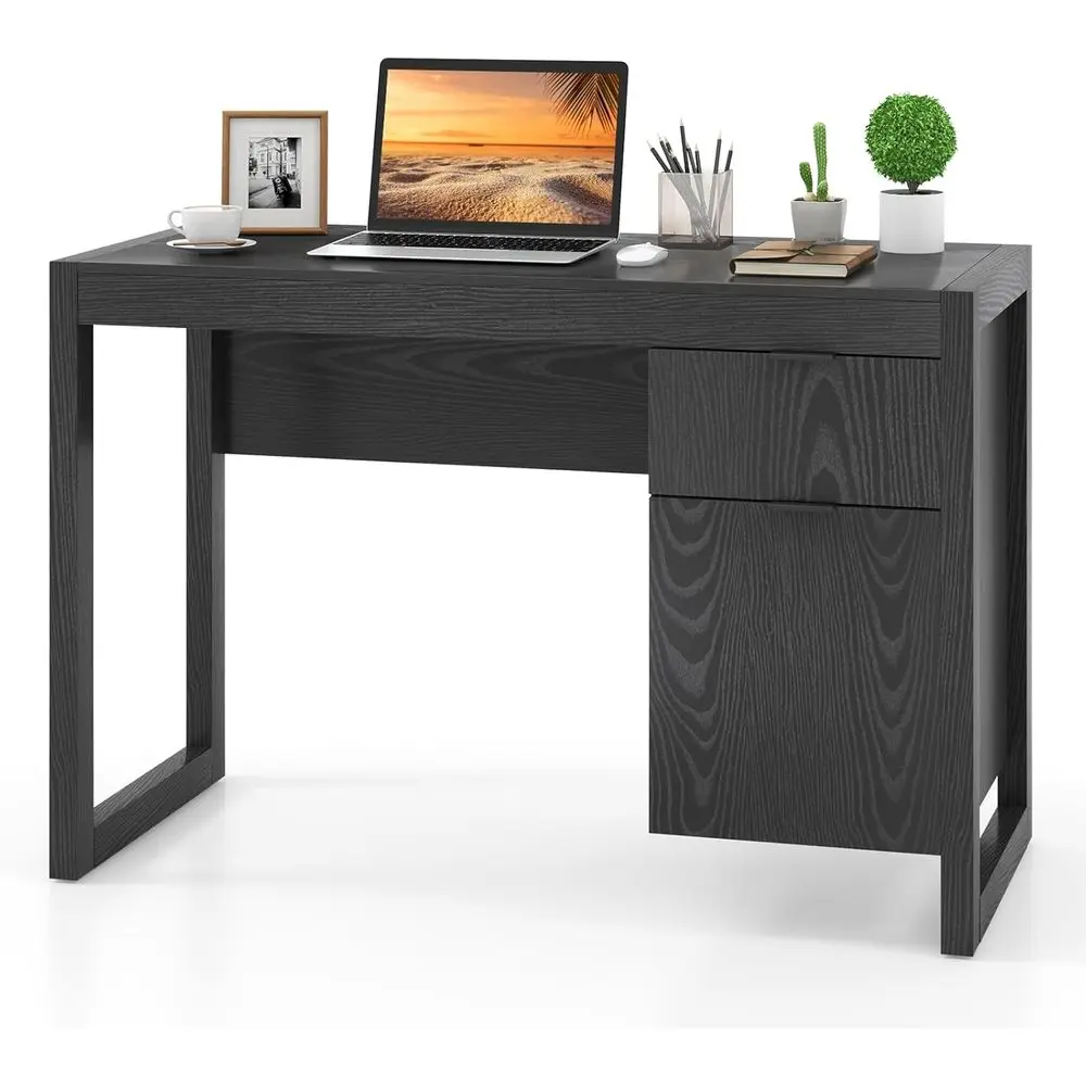 

White Wooden Home Office Desk with Storage Cabinet, PC Laptop Workstation for Study and Writing with Smooth Surface (Black)