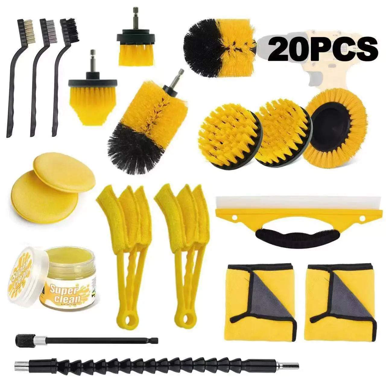 20 Pcs Drill Scrubber Brush Set Car Detailing Kit for Wheel Rim Tire Vent Gap Auto Interior Cleaner Tools Microfiber Towels