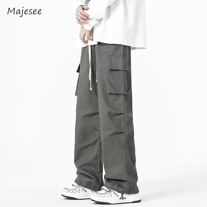 

Solid Pants Men American Style Retro Pleated Fashion Ankle Length Sporty Korean Simple Baggy Advanced Popular Aesthetic