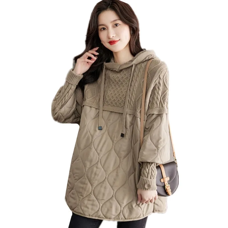 Knitted Sweater Splicing Hooded Cotton-Padded Jacket Women Winter New Thin Casual Mid-Length Coat Female Loose Outerwear W384