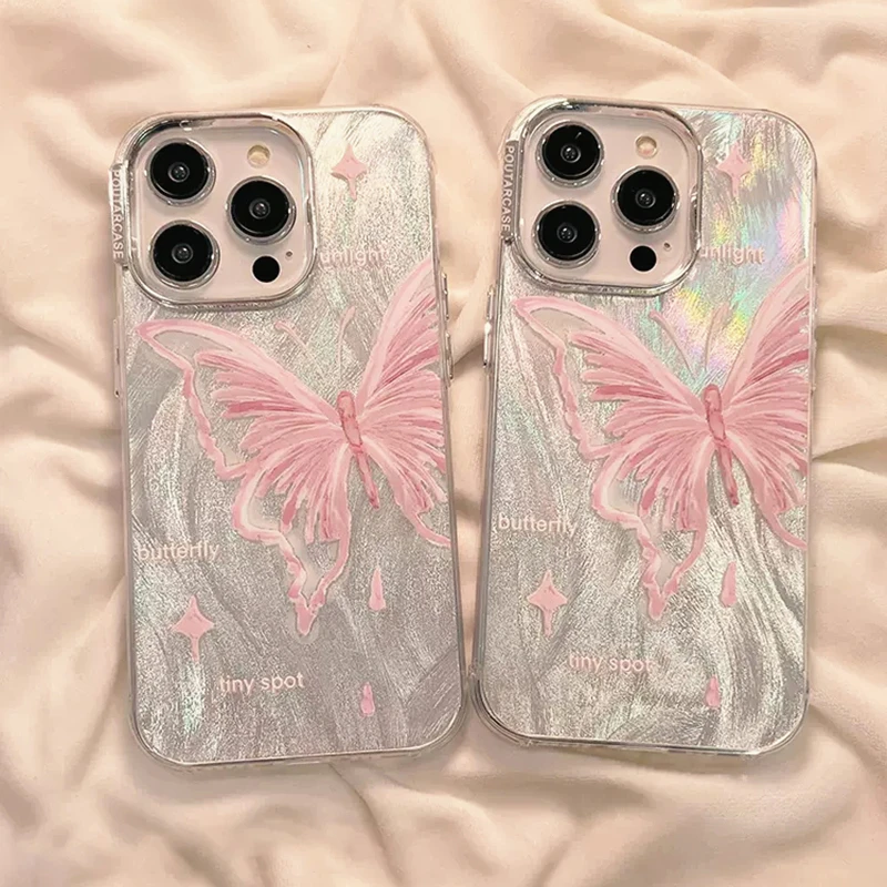 Luxury Pink Butterfly Glitter Laser Phone Case For iPhone 15 Pro Max 14 Plus 13 12 11 Pro Max Shockproof Lens protection Cover