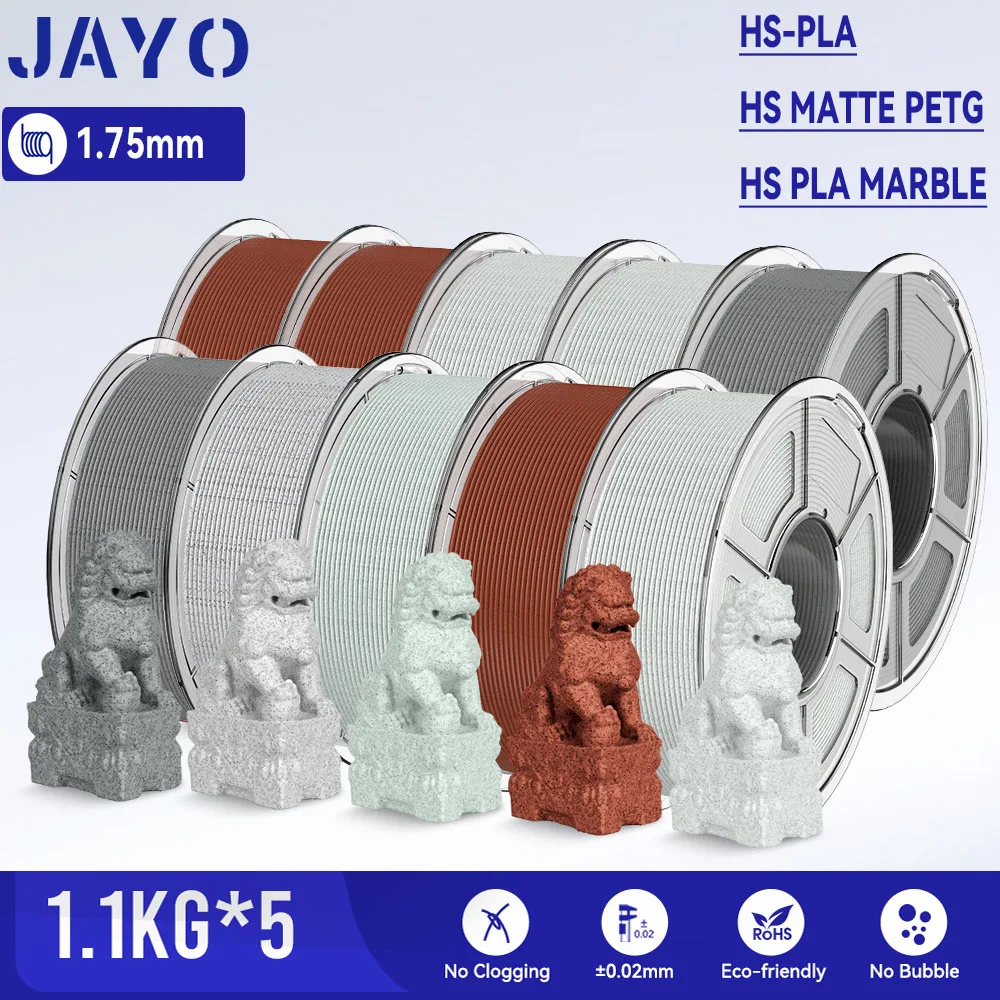 JYAO 5Rolls 3D High Speed Marble PLA/HS Matte PETG/HS PLA Filament 600mm/s High Speed 3D Printer Non-toxic Filament 1.1KG/roll