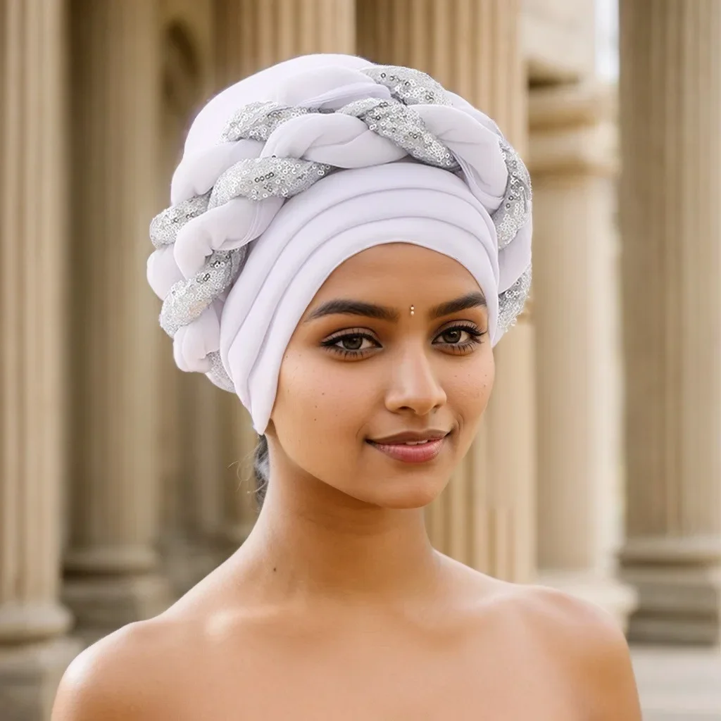 

Already Ready Nigeria African Auto Gele Headtie Aso Oke Sequins Braid Women Turban Cap Muslim Headscarf Bonnet Hijab Wedding Hat
