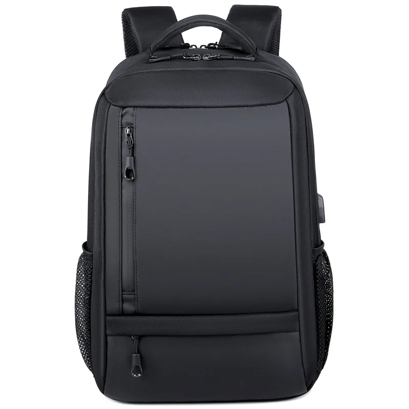 Black business laptop backpack with mesh back panel multi zippered pockets water resistant fabric suitable for office commute