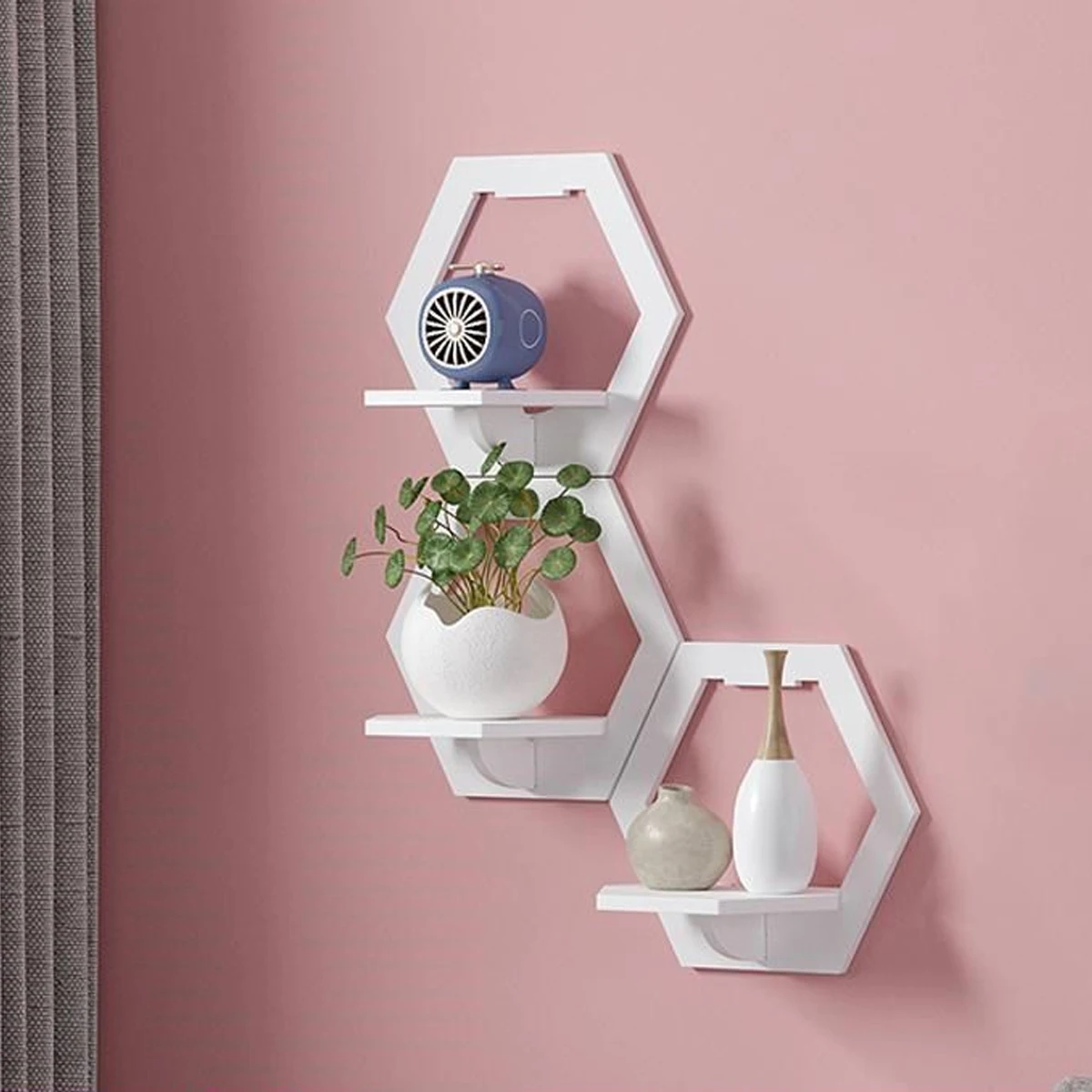 3/6pcs Hexagon Wall Shelf Punch Free Bedside Wall Display Stand Flower Pot Holder Wall Mounted Organizer TV Background Decor