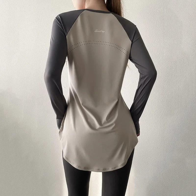 

Spring Summer New Pilates Yoga Mid-Length-Covering Top Long Sleeve Color Block Breathable Sports Cover-Up-Shirt Women