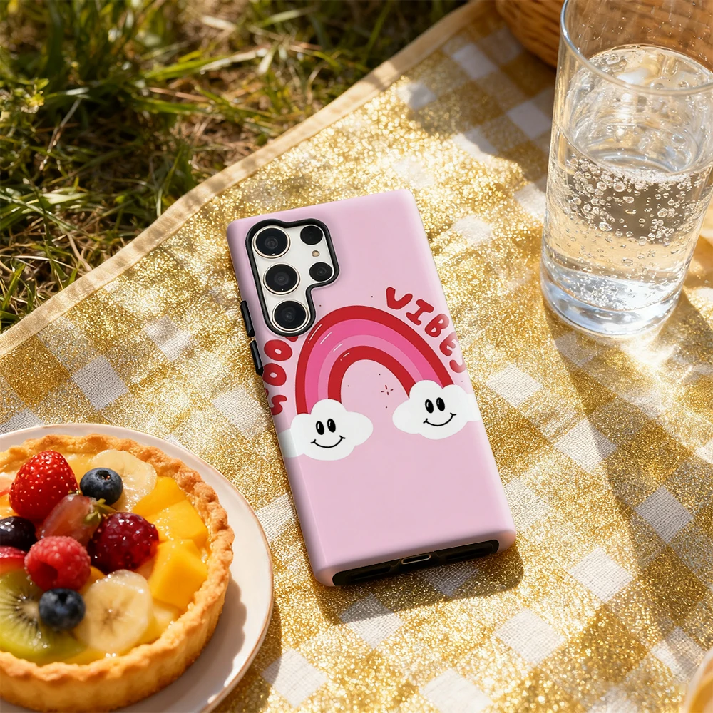 حافظة هاتف Good Vibes Rainbow لهاتف سامسونج جالاكسي S25 Ultra S24 S23 Ultra Plus غطاء خلفي لامع بطبقة مزدوجة