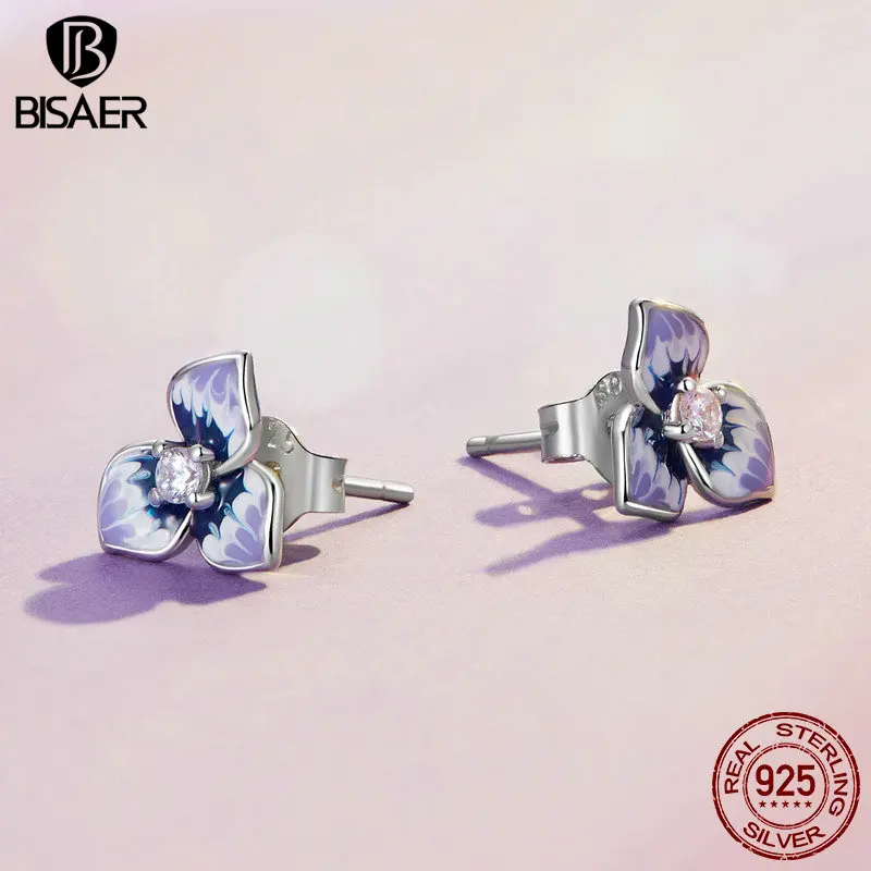 BISAER 925 Sterling Silver Pansy Flower Stud Earrings Enamel Purple Plated Platinum Ear Clip For Woman Party Fine Jewelry EFE860