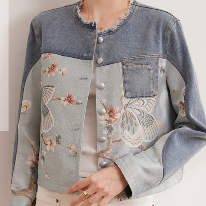 

Spring Autumn New Denim Splicing Jacket Women Chinese Style Soft Flower Print Womens Coat Fashion O-neck Long Sleeved Tops