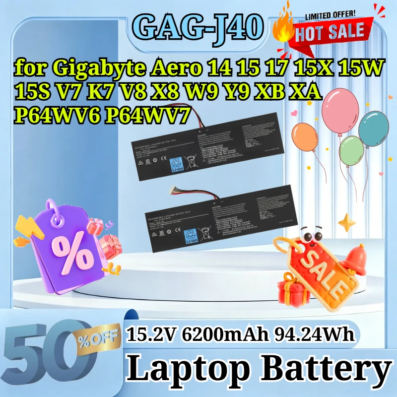 GAG-J40 15.2V 6200mAh 94.24Wh Li-Po Replacement Battery for Gigabyte AERO 14/15/17 15X/15W/15S V7 K7 V8 X8 W9 Y9 XB XA P64WV6