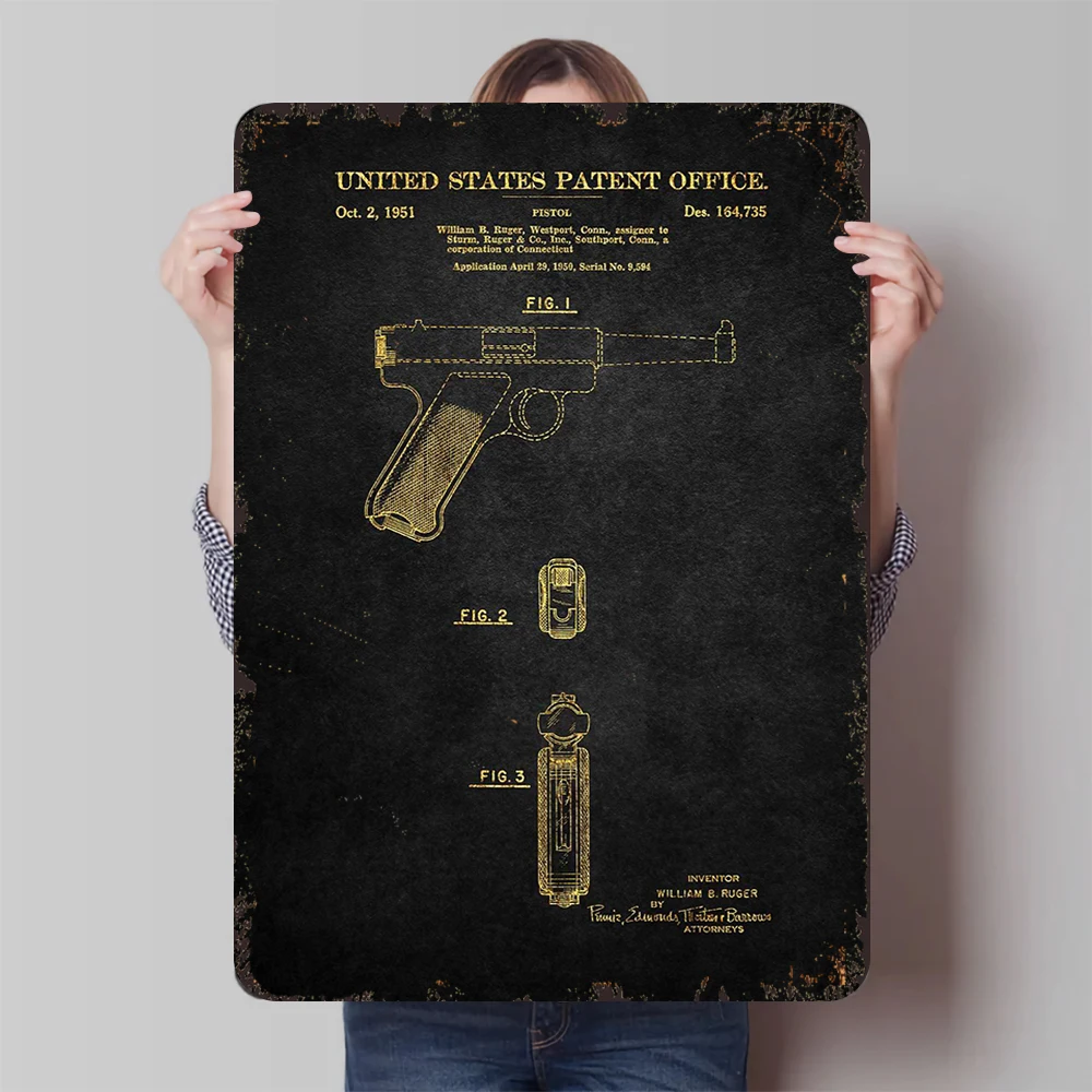 1951 الولايات المتحدة روجر مسدس براءة اختراع تصميم خمر معدن القصدير تسجيل ديكور المنزل جدار الفن هدية