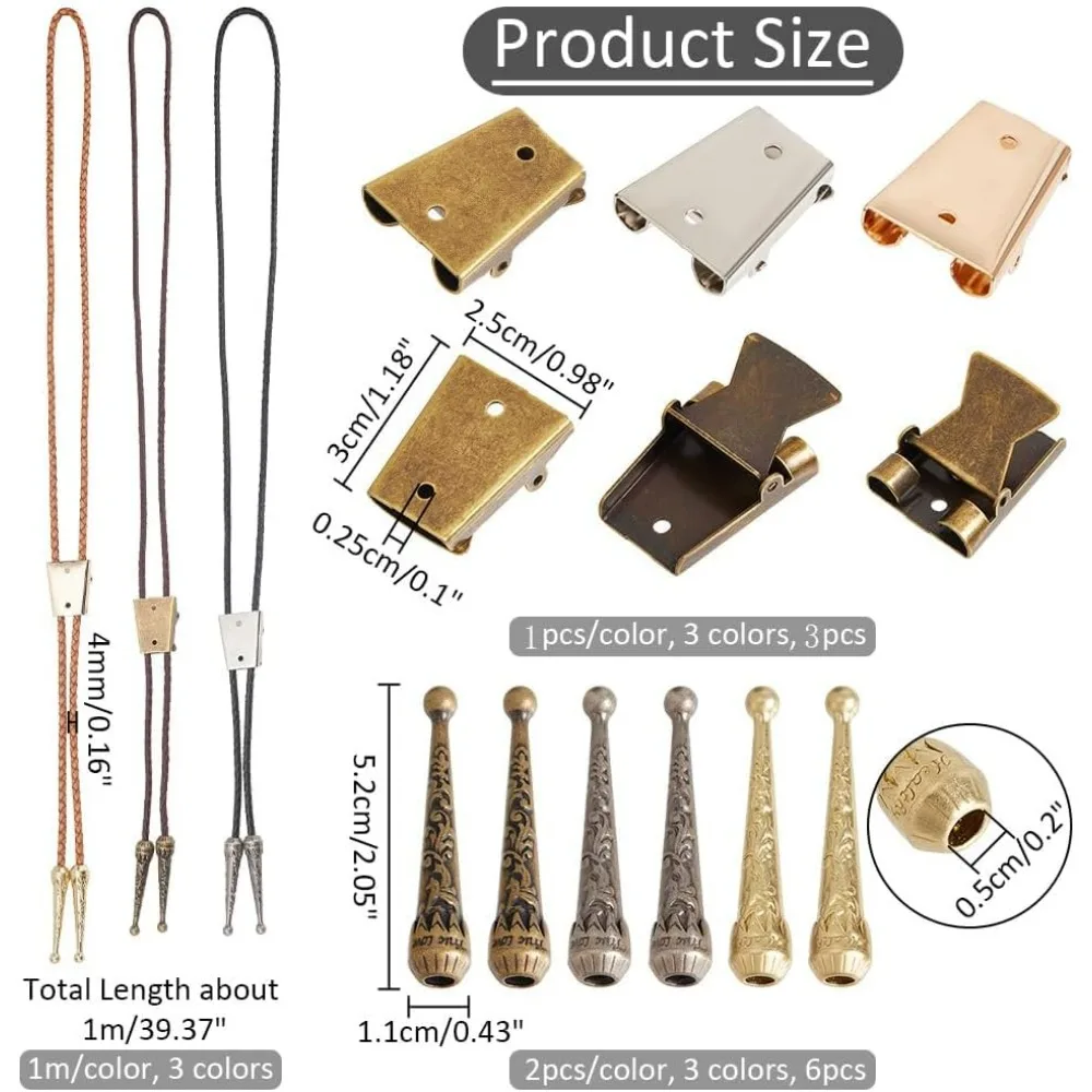 Bolo Tie Making Kit Bolo Tie Tips Replacement End Caps Kit Bolo Tie Buckle Accessories with 6 Pcs Alloy Cord End making kit