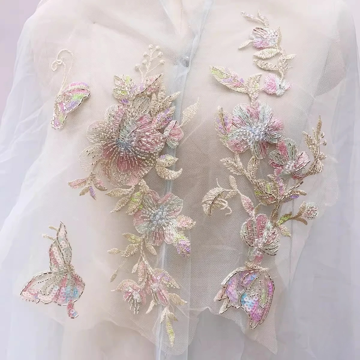 SMEALE 1Set Perlenstickerei Schmetterling Blume Spitzenapplikation.Kinderkleidung Kleid Dekoration Aufkleber.Aufnäher für Kleidung. – Detail 4