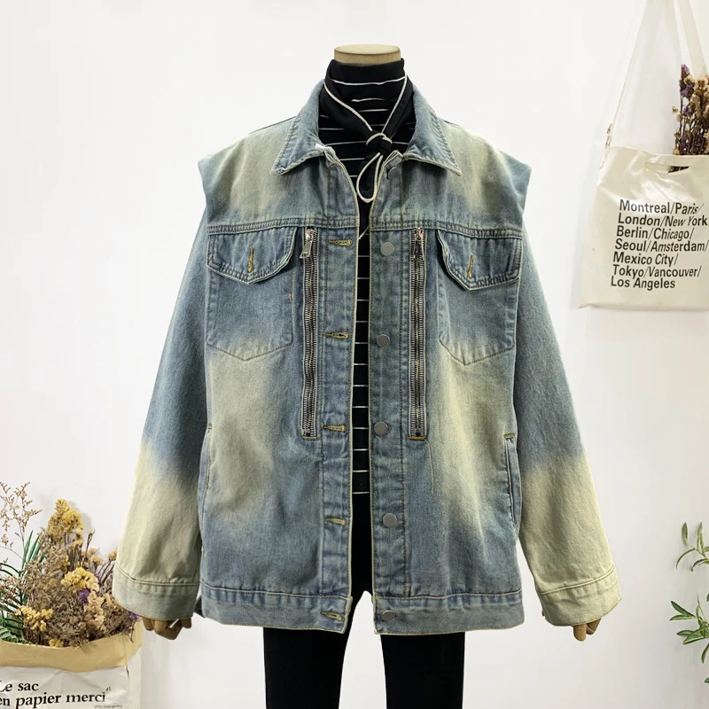 

Spring Vintage Washed Blue Jeans Jacket Women Streetwear Casual Long-sleeve Single-breasted Zipper Decorate Female Denim Jackets