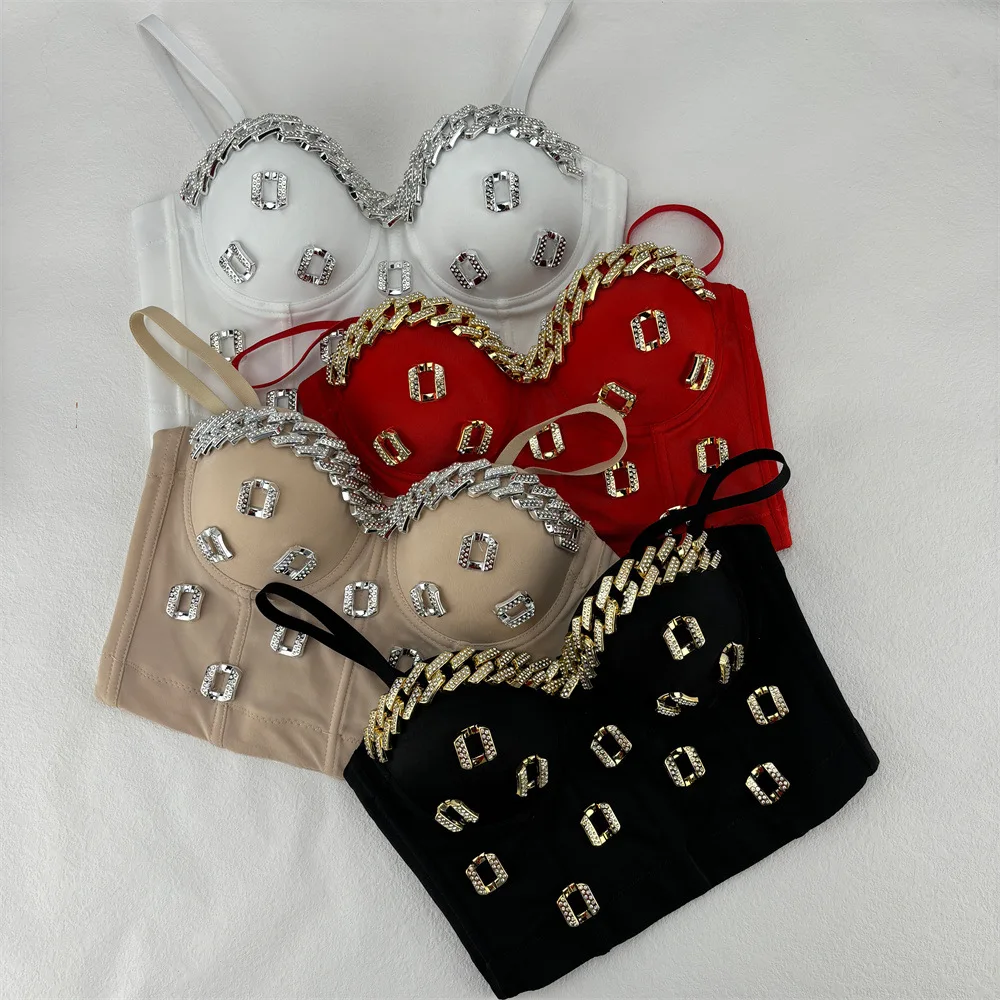 Drilling Fishbone Premium Outer Wear Bustier Stretch Skinny Metallic Diamonds Camisole Spicy Girl Back Fixed Cups Corset