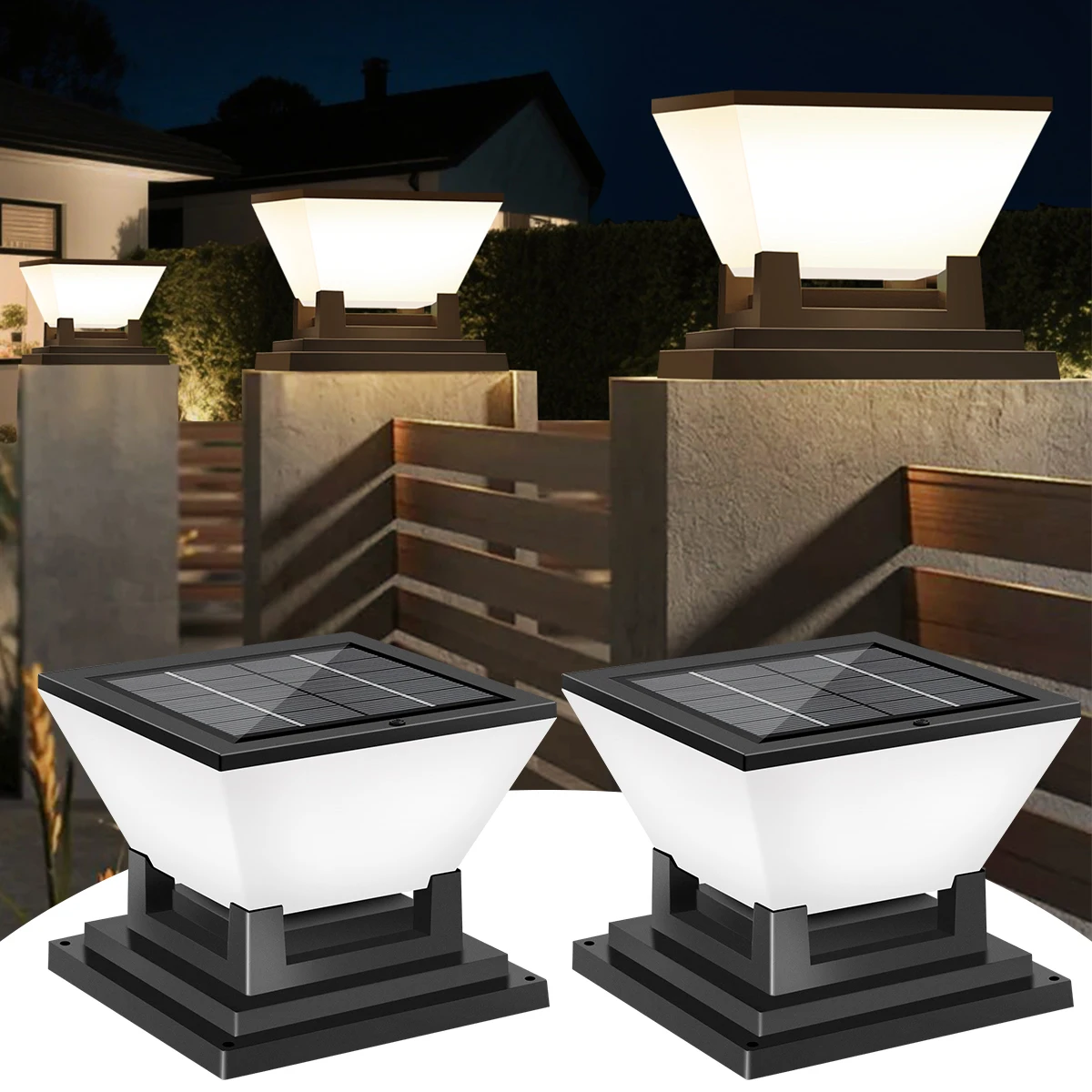 Solar Post Light Auto Dusk to Dawn IP65 Waterproof 3 Color Temps Short Press Change Long Press Off for Garden Pool Step Pillar