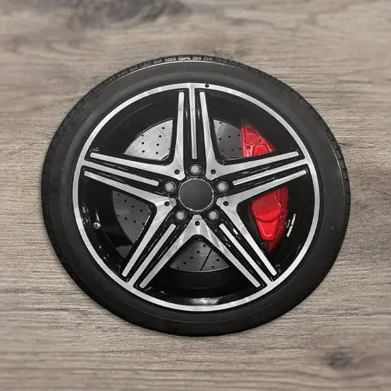 3D Illusion Rug Car Tire Rim Wheel Red Brake Caliper Design Print for Garage Man Cave Decor
