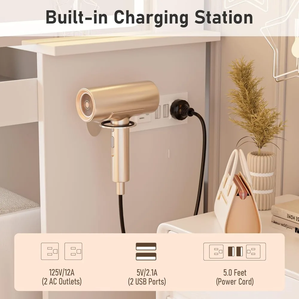 Scrivania per trucco illuminata a LED con presa di corrente, sgabello e deposito gioielli, scrivania bianca per trucco