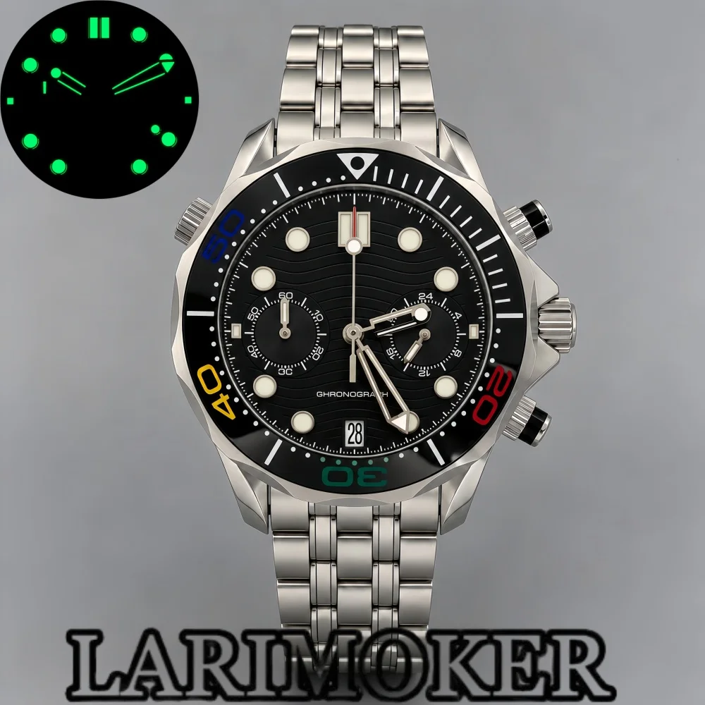 LARIMOKER Black Wave Dial Chronograph Watch 41mm VK64 Meca Quartz Sapphire Crystal Green Luminous Stainless Steel Bracelet Date