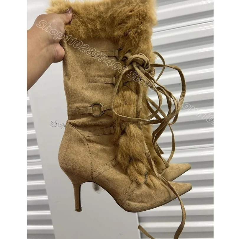 

Brown Fur Decor Lace up Boots Flock Pointed Toe British Style Fashion Party Dress Women Short Boots 2025 Zapatos Para Mujere