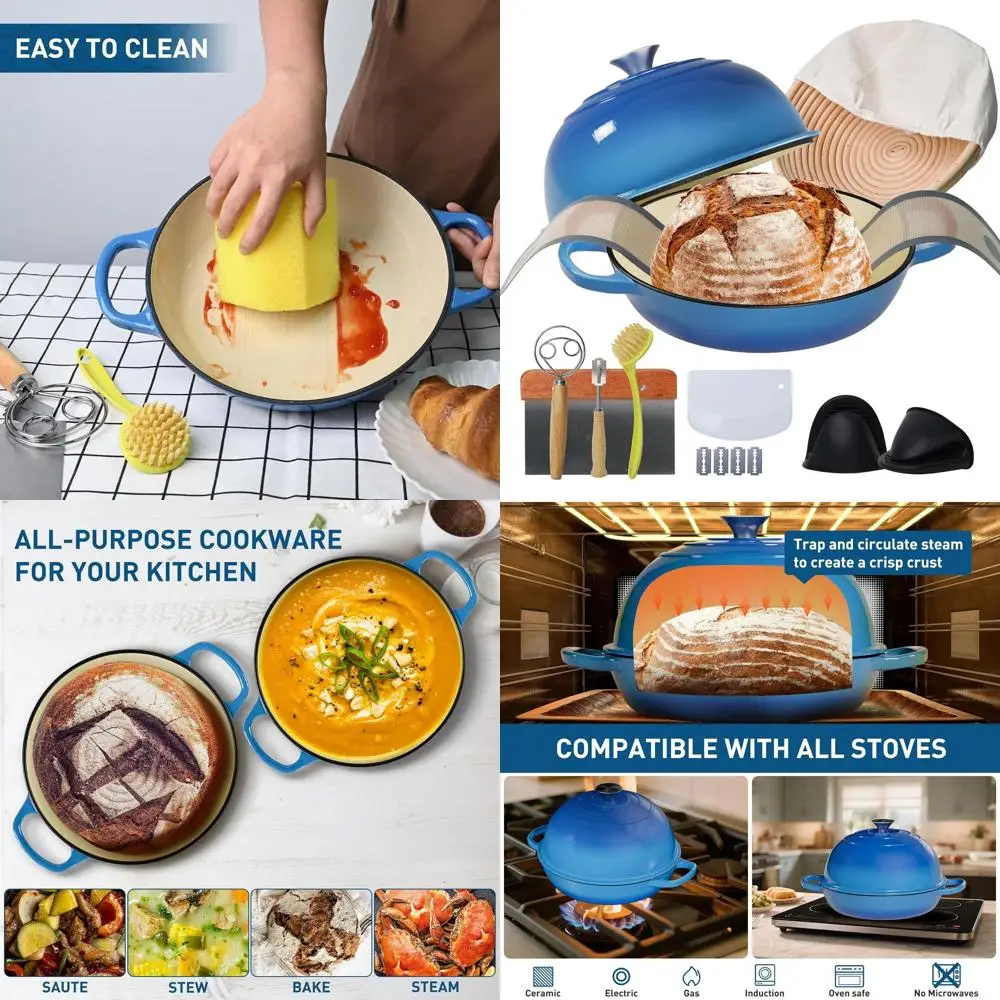 

6-Quart Cast Iron Dutch Oven with Lid, Proofing Basket, Silicone Sling, and Dough Whisk for Sourdough and Multipurpose Cooking