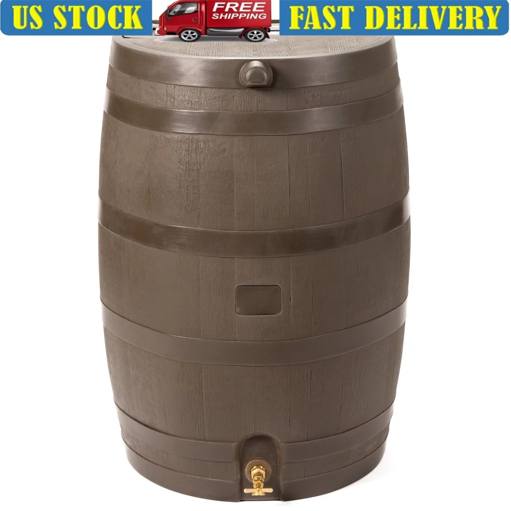 

50 Gallon Flat Back Rain Barrel with Brass Spigot Garden Watering UV Resistant Polyethylene Oak Texture Impact Resistant
