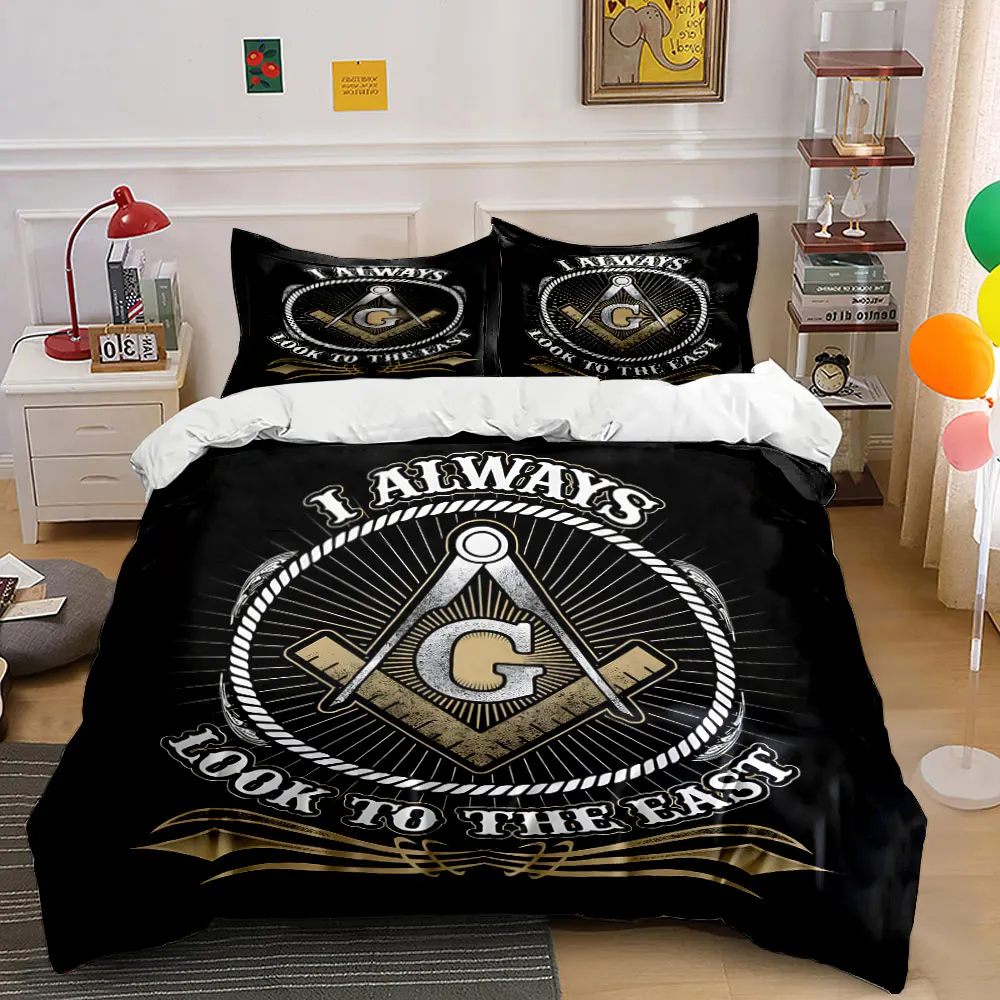 Elegant Freemason Symbol Design Bedding Set for Kids Luxury Gift 3pcs Digital Print Comforter Set Soft Comfortable Breathable