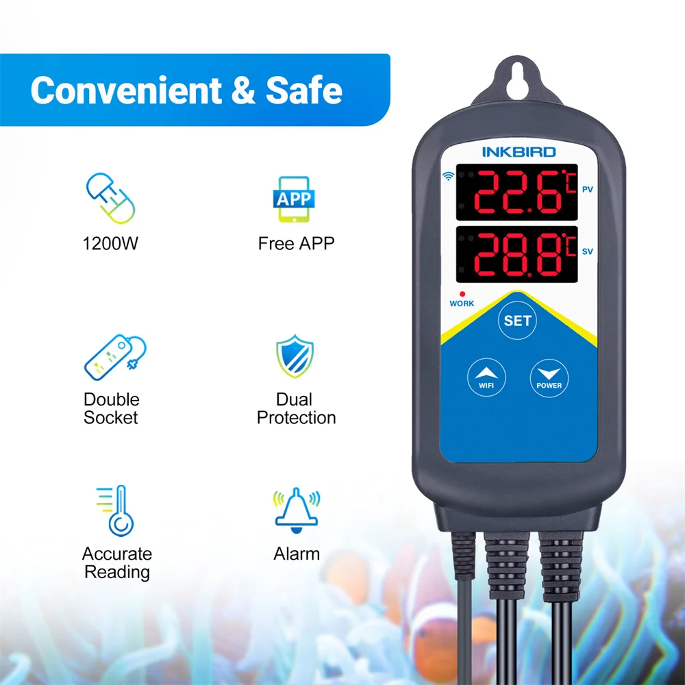 INKBIRD ITC-306A-WiFi Aquarium Temperature Controller Double Sockets Thermometer APP Notification for Fish Tank Water Terrarium