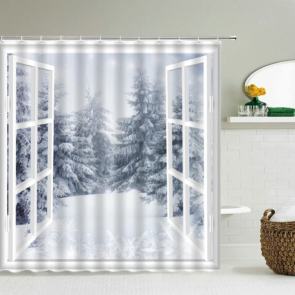 Winter Snow Forest Landscape Nature Shower Curtain Bathroom Home Decor Waterproof Fabric With 12 Hooks Bathtub Curtain and Mat