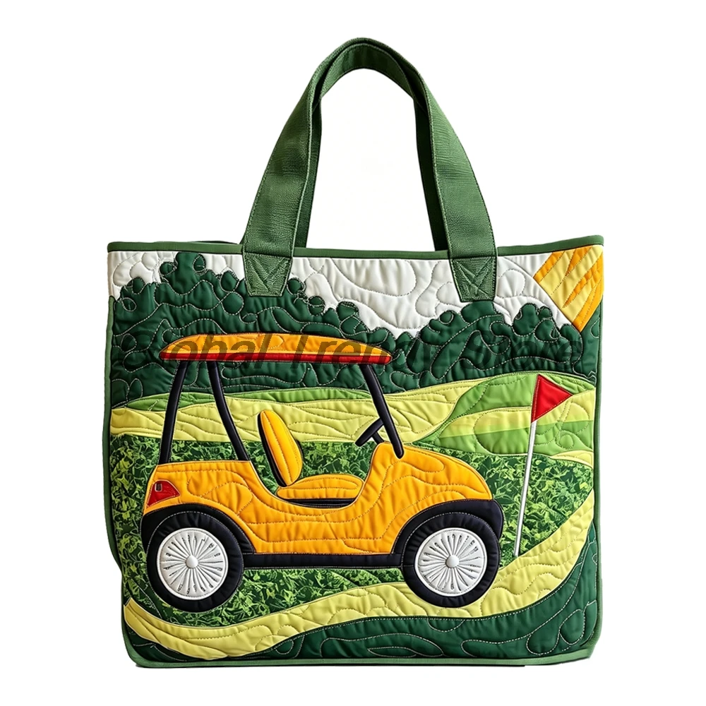 Retro Golf Cart & Course Print Quilted Tote Green Shoulder Bag Women Casual Daily Handbag For Shopping