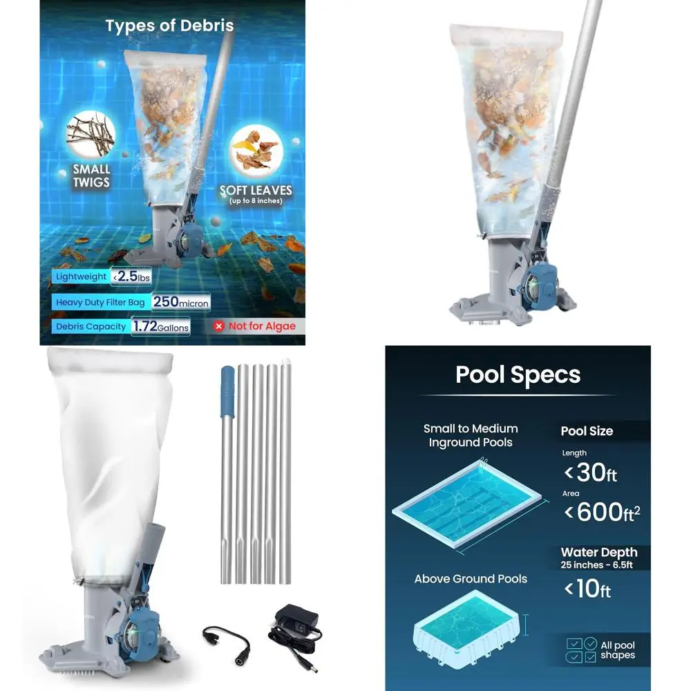 

Перезаряжаемый пылесос для бассейна средней мощности с временем работы 75 минут, большим фильтром, для закрытия бассейна, идеально подходит для мусора и листьев.