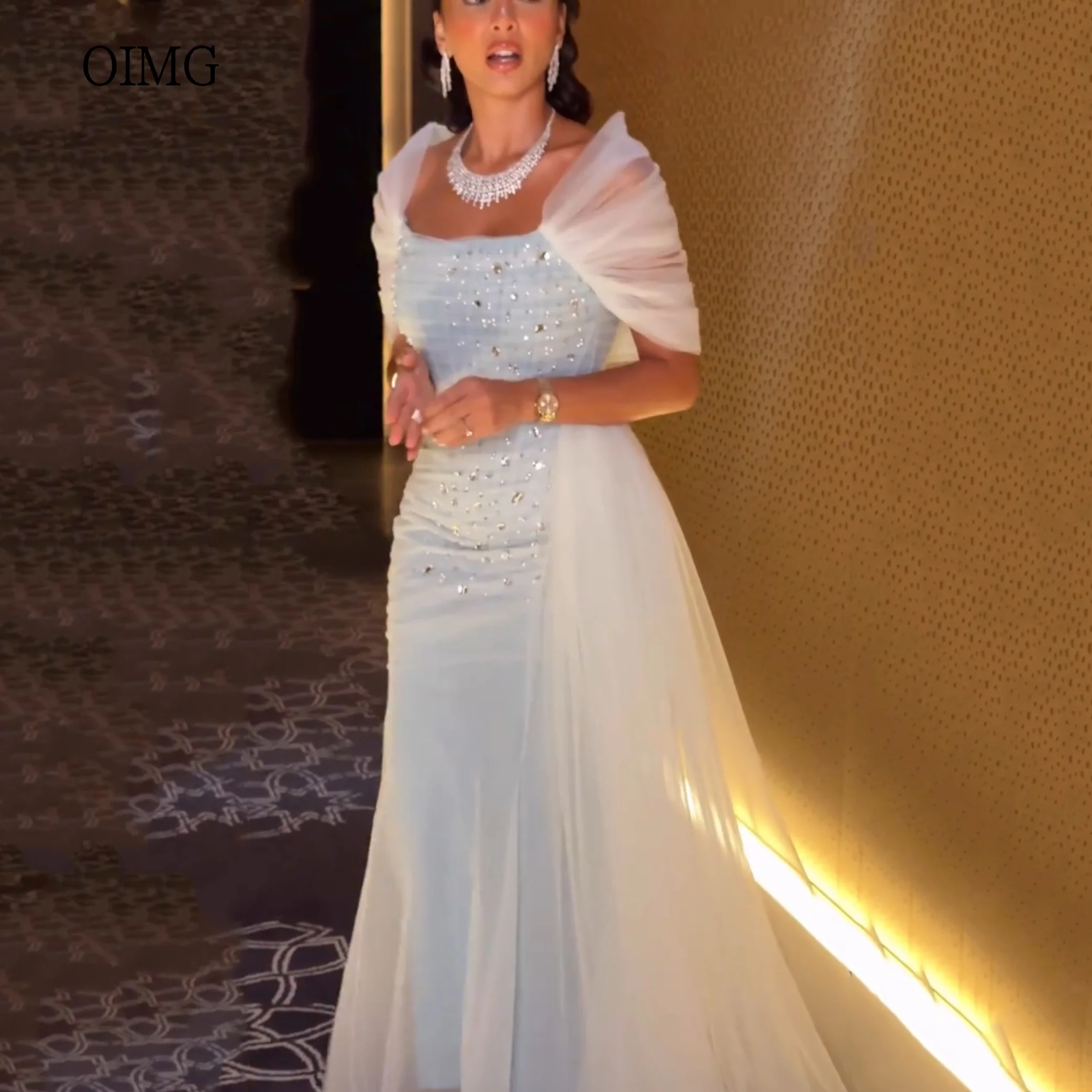 

OIMG Opulent Blue Mermaid Prom Gowns Off The Shoulder Beaded Party Gown Floor Length Evening Dress vestidos de gala Customized