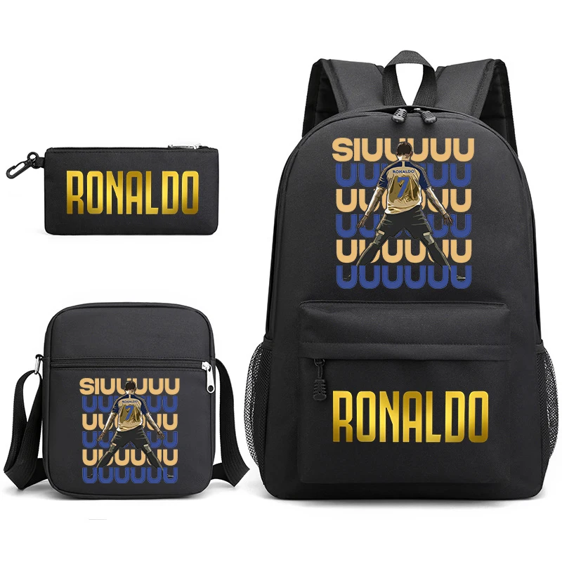 Ronaldo cabeça impressão bolsa escolar infantil estudante mochila bolsa de ombro estojo de lápis conjunto de 3 peças universal para meninos e meninas