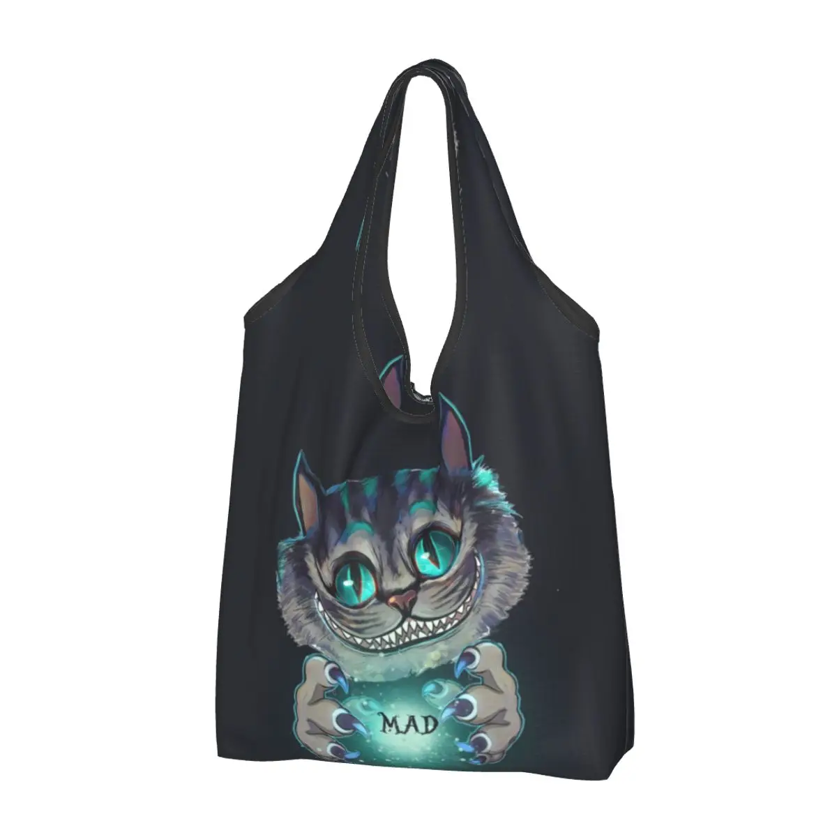 Custom Funny Printed Mad Cheshire Cat Shopping Tote Bag Portable Shoulder Shopper Handbag