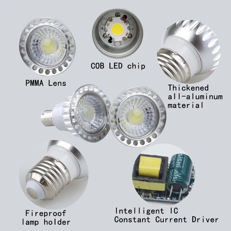 Focos de atenuación de 10w 12v mr16 bombillas cob 3200k gu5.3 bombillas interiores LED e27 B22 gu10 Living E12 e27 4000k morado rojo doméstico