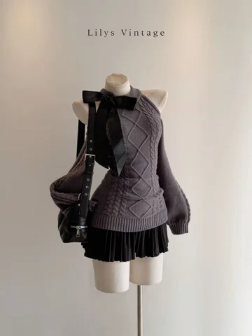 Халат Vestido Feminino с длинными рукавами в стиле ретро, свитер с открытыми плечами, вязаное платье с рукавами-фонариками, осеннее облегающее винтажное платье