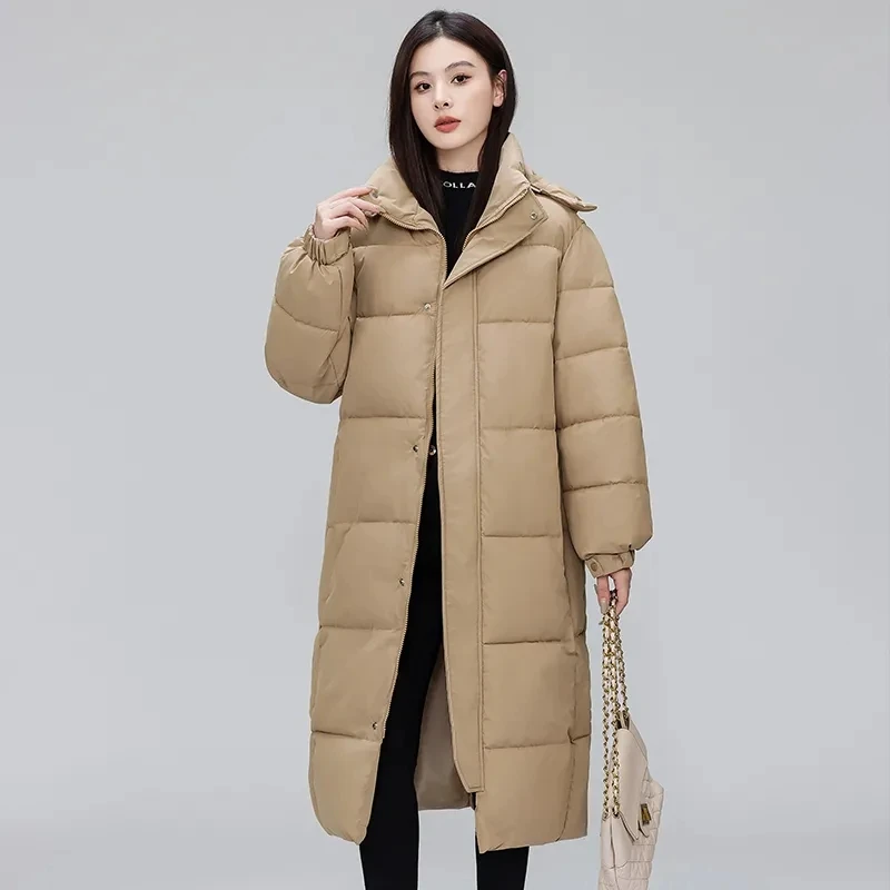 

Women Winter Coat Korean Version New Long Hooded Loose Thickening Warm Windproof Sleeves Over The Knee Down Padded Jacket Women