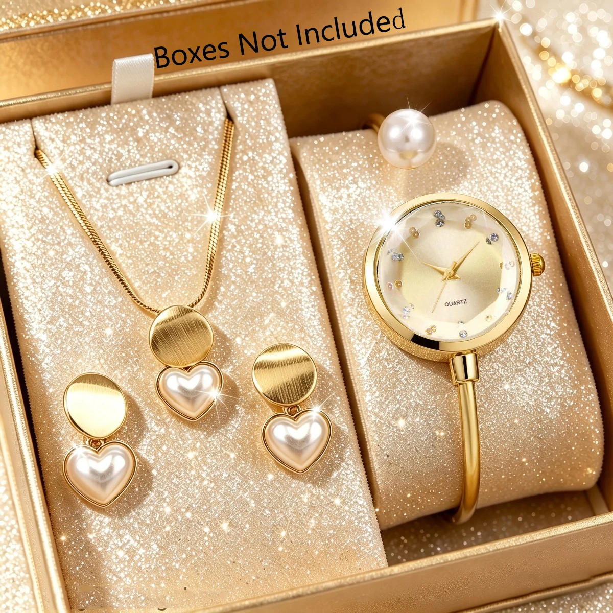 4pcs Elegant Pearls Women Watch Jewelry Set Fashion Opening-cuff Bangle Ladies Quartz Wristwatches Relogio FemininoWithout Box