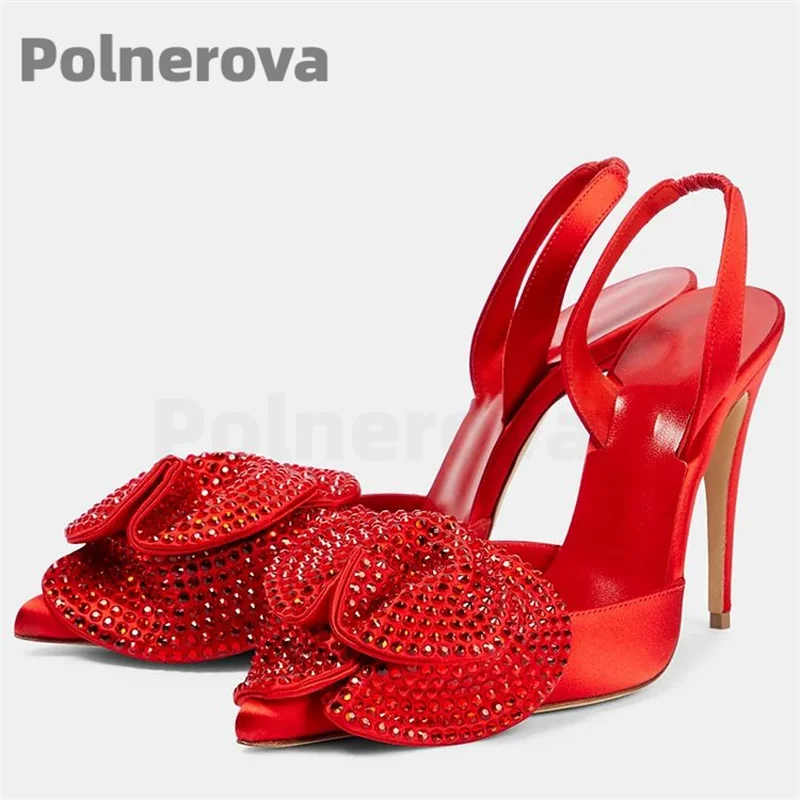 

Flowers Rhinestone Sandals Women Slingback Super High Heels Red Satin Wedding Shoes Pointed Toe Hollow Women's Shoes Summer New