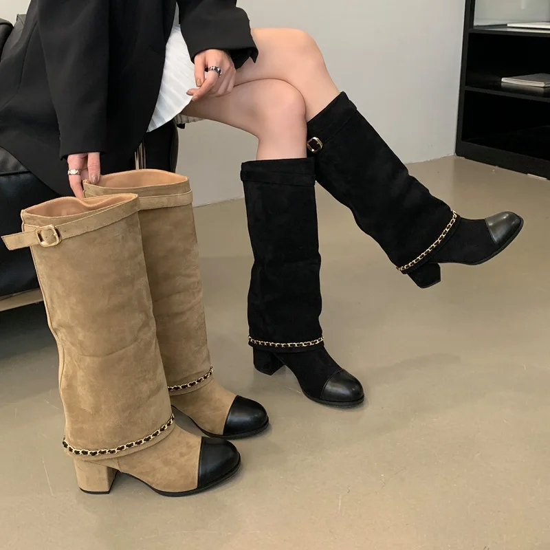

Long boots women's long tube high tube 2026 new style suede fashionable round toe high heels long boots