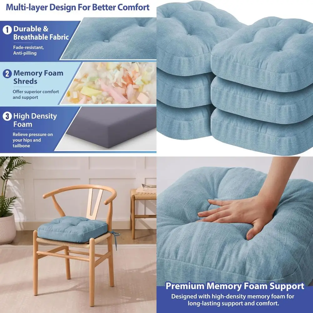 

Set of 6 Light Blue Dining Chair Seat Cushions, 16.5 x 16.5 x 3.5, Tufted with Ties & Non-Slip Backing